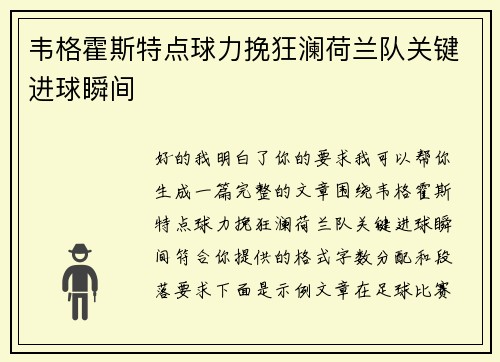 韦格霍斯特点球力挽狂澜荷兰队关键进球瞬间