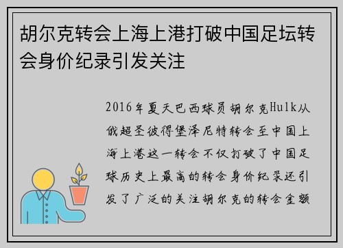 胡尔克转会上海上港打破中国足坛转会身价纪录引发关注 胡尔克转会上海上港打破中国足坛转会身价纪录引发关注