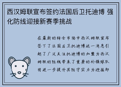 西汉姆联宣布签约法国后卫托迪博 强化防线迎接新赛季挑战 西汉姆联宣布签约法国后卫托迪博 强化防线迎接新赛季挑战