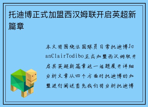 托迪博正式加盟西汉姆联开启英超新篇章