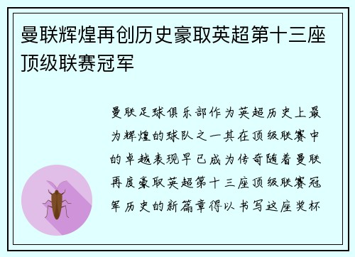 曼联辉煌再创历史豪取英超第十三座顶级联赛冠军