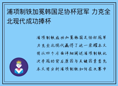 浦项制铁加冕韩国足协杯冠军 力克全北现代成功捧杯